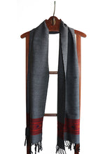 Sheepwool Scarf, Charcoal Grey with Red geometric border