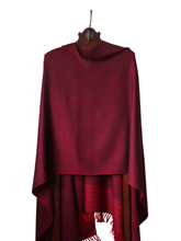 Merino Wool Stole, Deep Red With Jewel-toned Border Stripes
