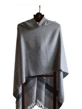 Merino Wool Stole, Pale Grey with Dark Grey-and-White Geometric Border