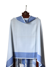 Merino Wool Stole, Icy Blue with Ink Blue Border Stripes