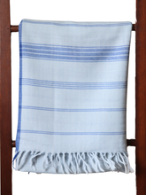 Merino Wool Stole, Icy Blue with Ink Blue Border Stripes