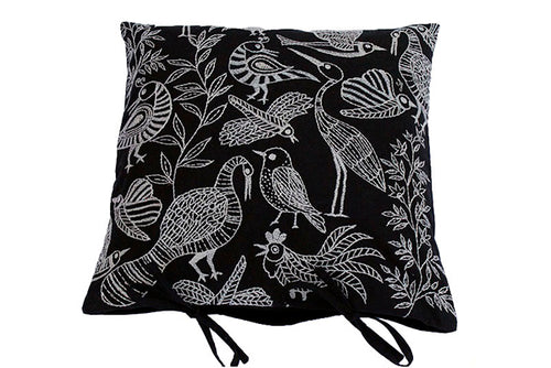 Cotton Cushion Cover, Black-&-Grey Hand-embroidered, 