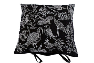 Cotton Cushion Cover, Black-&-Grey Hand-embroidered, "Fauna"