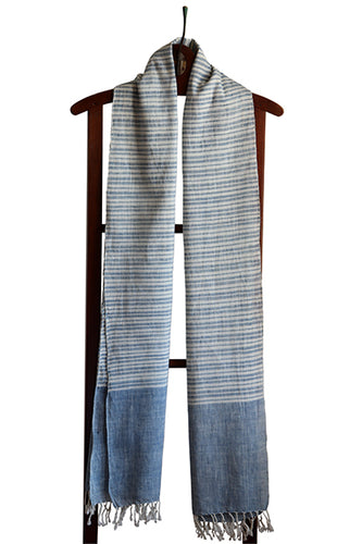 Kala Cotton Stole with Cream Stripes and Muted Blue Border