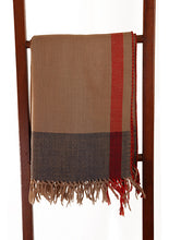Merino Wool Stole, Sand with Red and Navy blue border