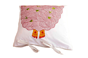Cotton Cushion Cover, White Hand-embroidered, "Devi's Feet"