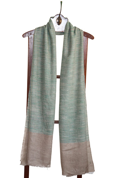 Pashmina Pure Wool Stole, Green Stripes on Grey