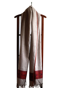 Merino Wool Shawl, Beige with Red Geometric Border & Edging