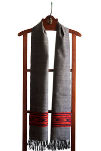 Lambswool Scarf, Dark Grey with Red geometric border and light grey side bands