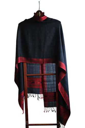 Sheepwool Stole, Jet Black with Red Geometric Borders