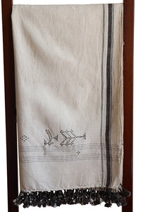 Kala Cotton Stole, Cream with Black Edging & Olive-&-Black Hand Embroidery
