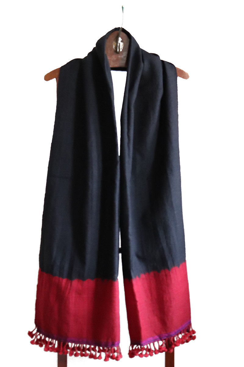 Wool-&-Cotton Stole, Black with Red Tie-&-Dye Band