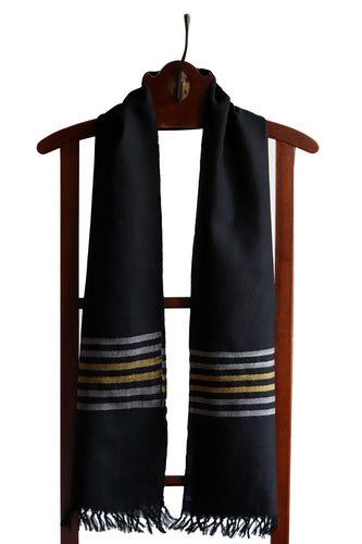 Lambswool Scarf, Black with Yellow-&-White Striped Border