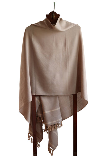 Pashmina & Lambswool Stole, Fawn with Cream Border Stripes