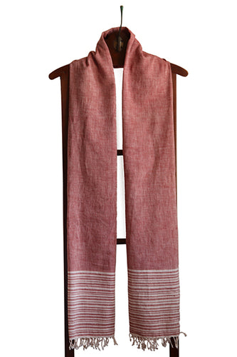 Kala Cotton Stole, Muted Red with Cream Striped Border